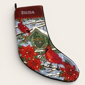Lands' End Needlepoint Christmas 18” Stocking “Emma” Cardinals Poinsettias Snow